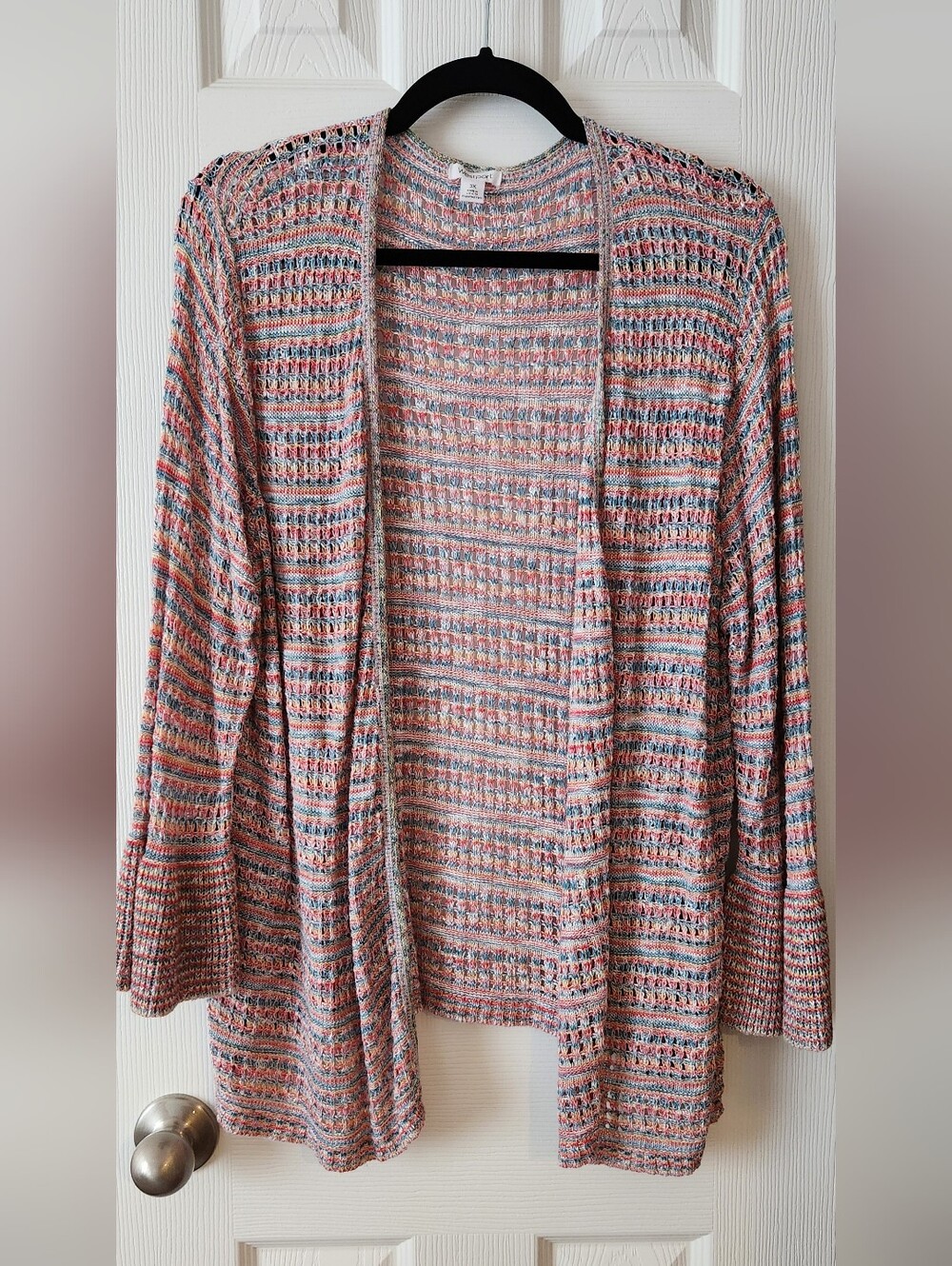 Westport Open-Front Striped Knit Cardigan in Peach and Blue